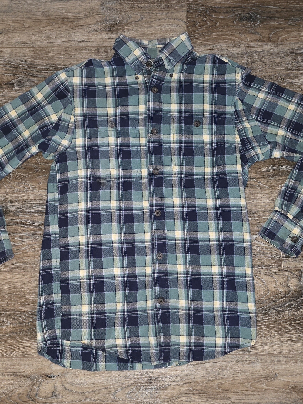 Duluth Trading Co Navy, Teal,  Plaid Flanel Shirt Mens Small